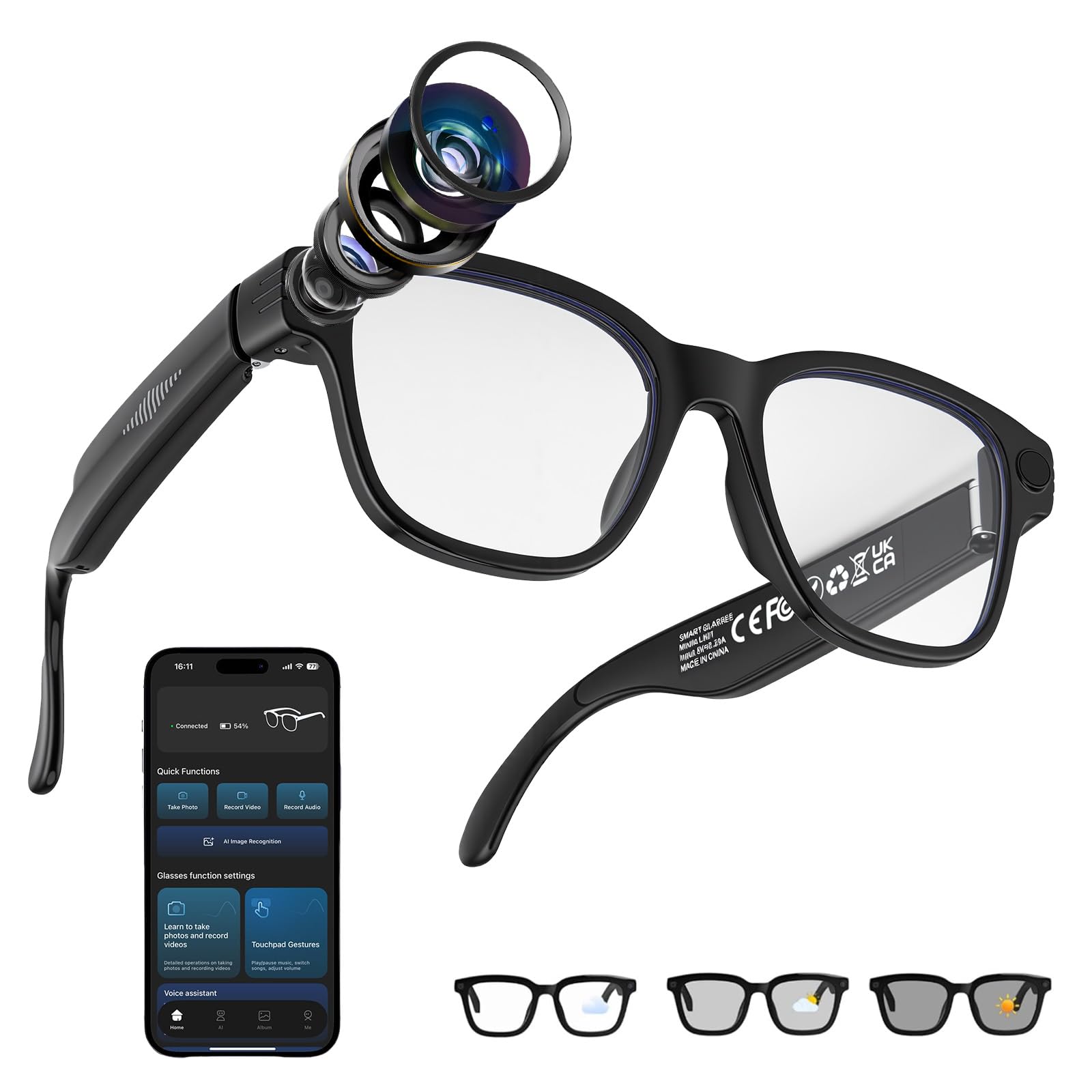 AI Smart Glasses with Camera, 8MP HD Camera Glasses for Men,Women, AI Recording Glasses with Voice Assistant, Stabilization Video Recording Glasse, Real-time Translation, for Vlogging & Photography